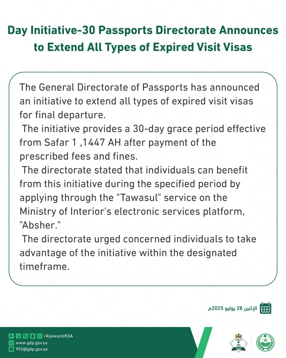 Saudi Arabia Launches 30-Day Final Exit Window for Expired Visit Visas