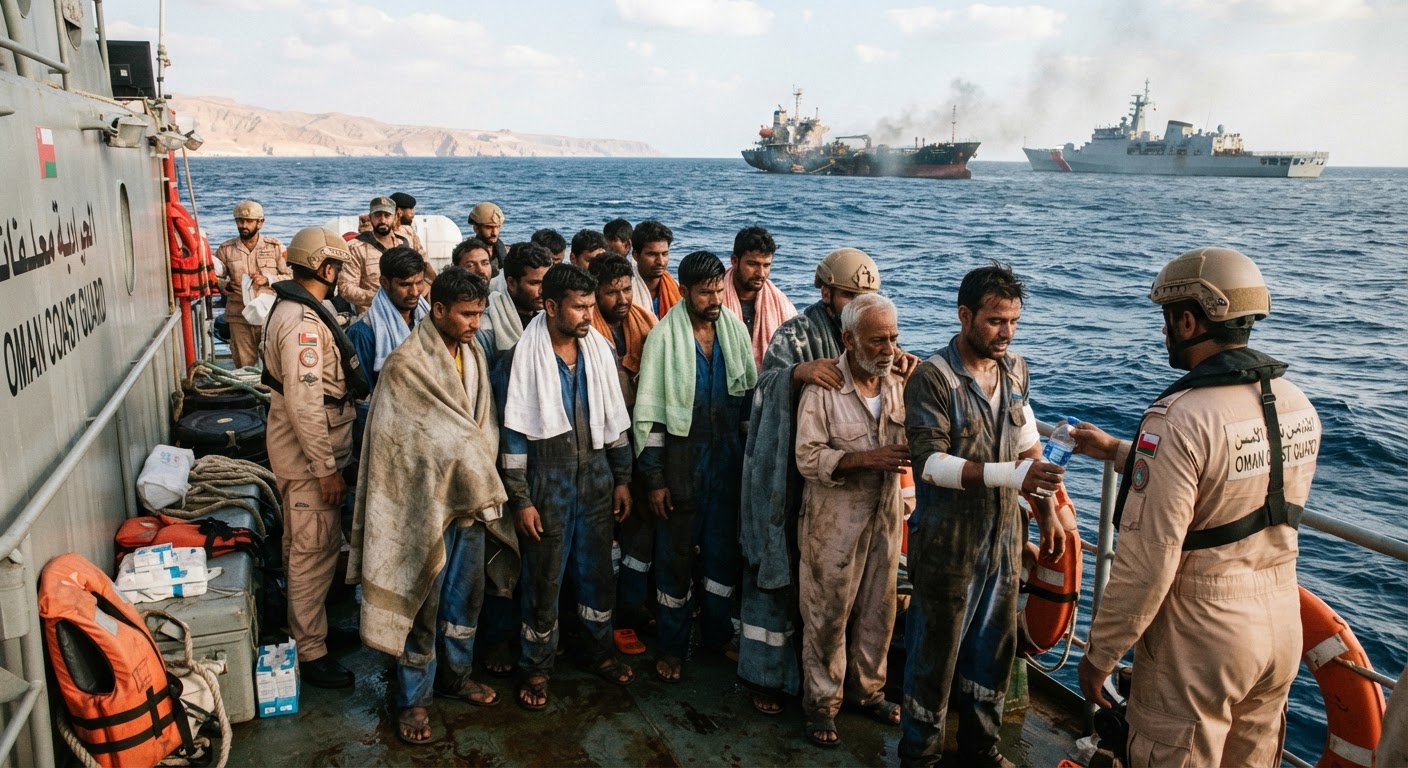 Urgent Rescue: 13 Indian Sailors Safe After Tanker Attack Near Oman